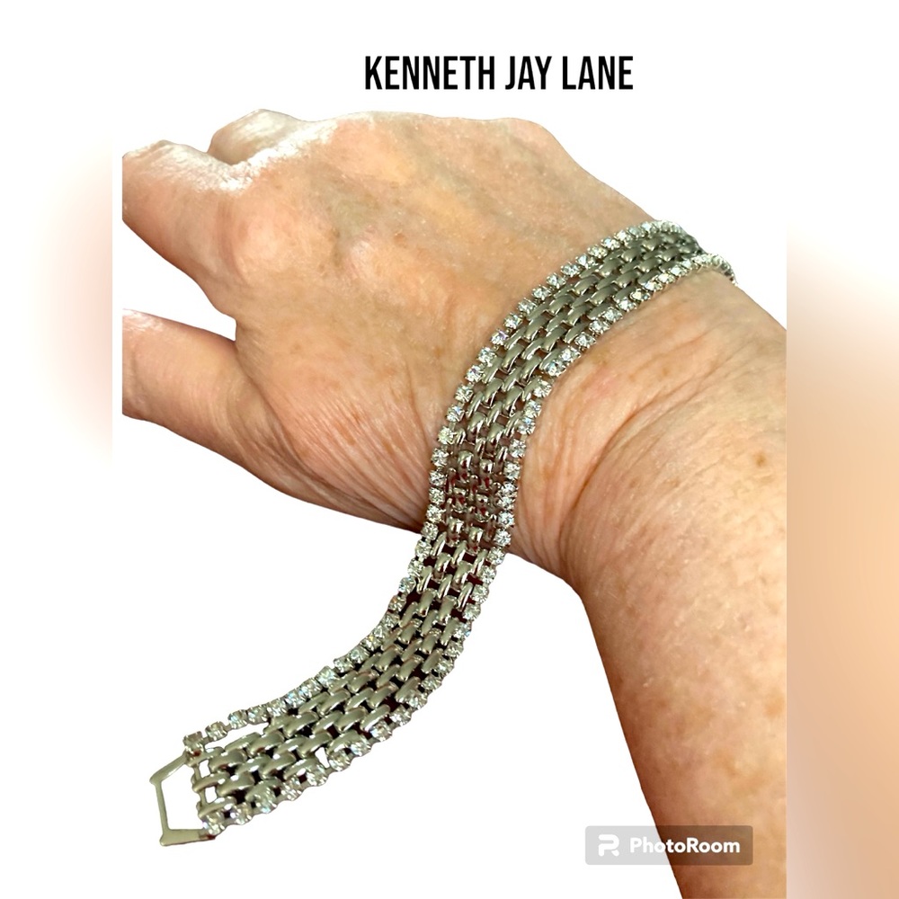 VINTAGE KENNETH J LANE PANTHER LINK BRACELET WITH TWO ROWS OF RHINESTONE ACCENTS